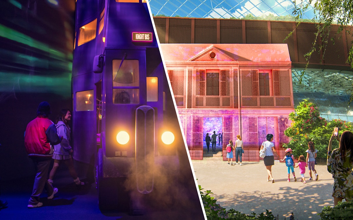 Visitors boarding the Knight Bus and exploring a vibrant museum exhibit.