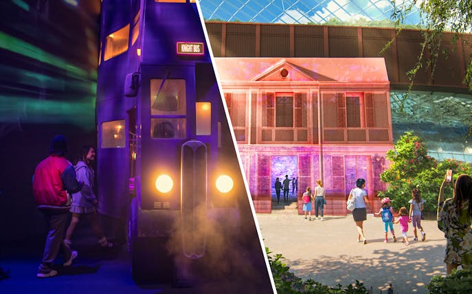 Visitors boarding the Knight Bus and exploring a vibrant museum exhibit.