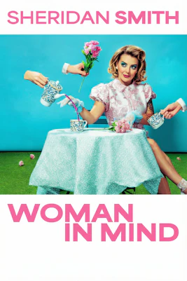 Theater poster for "Woman in Mind" featuring a woman at a table with floating teacups.