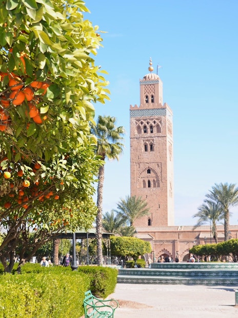 Koutoubia Mosque with orange trees in Marrakech, Morocco.