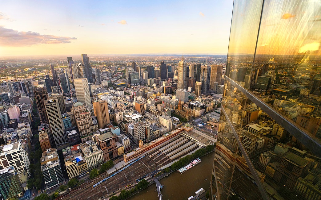 Melbourne cityscape view from Eureka Tower Skydeck at sunset.