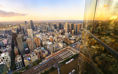 Melbourne cityscape view from Eureka Tower Skydeck at sunset.