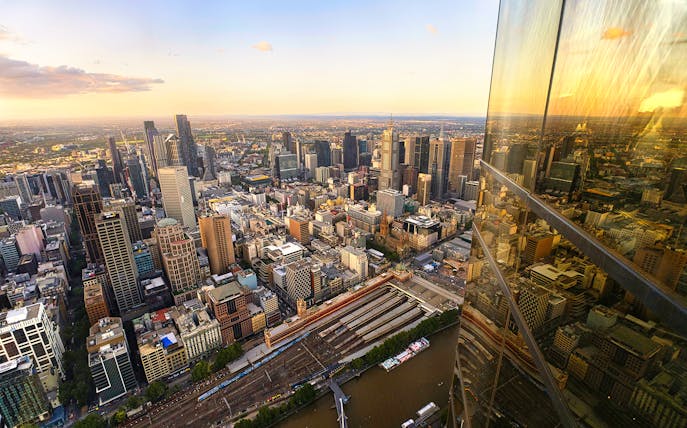 Melbourne cityscape view from Eureka Tower Skydeck at sunset.