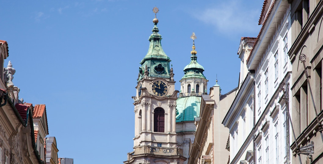 Church of St. Nicholas towers in Mala Strana, Prague, Czech Republic.