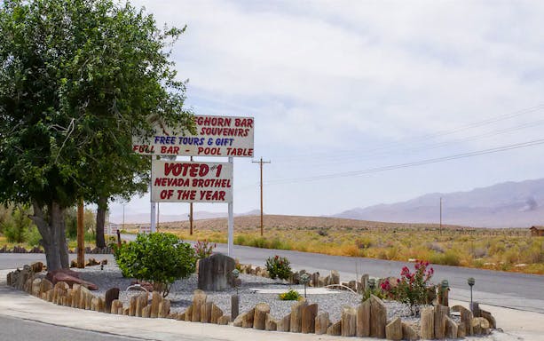 Sign for Chicken Ranch Brothel in Nevada, offering tours and bar amenities.