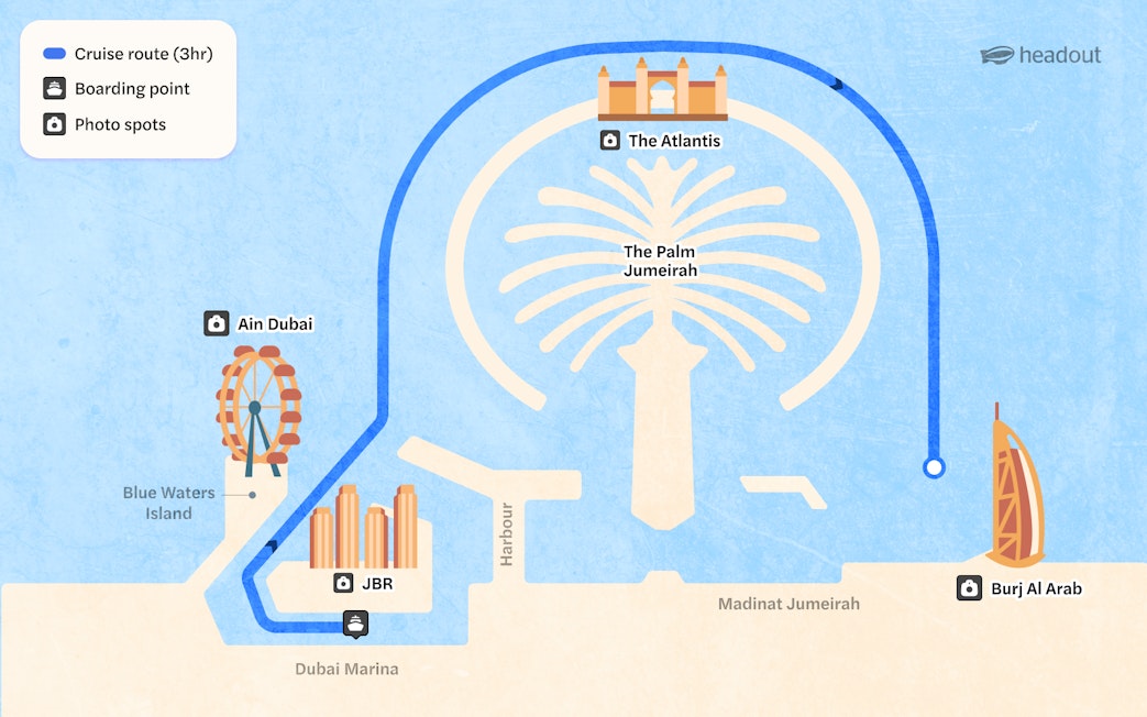 Dubai Marina yacht cruise route map featuring Ain Dubai, The Palm Jumeirah, and Burj Al Arab.