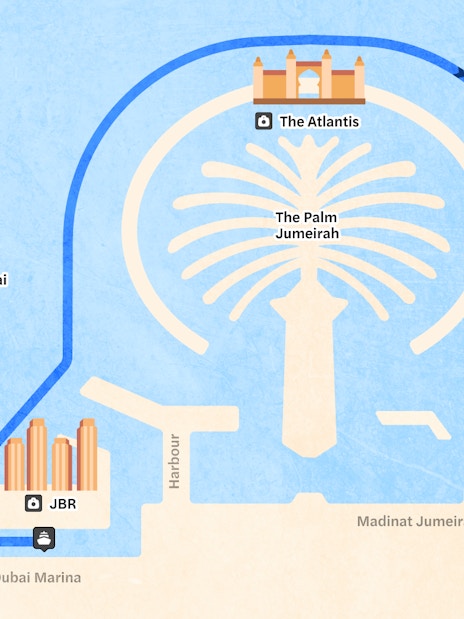 Dubai Marina yacht cruise route map featuring Ain Dubai, The Palm Jumeirah, and Burj Al Arab.