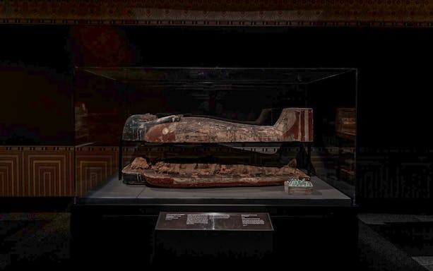 Ancient Egyptian sarcophagus display at Houston Museum of Natural Science.