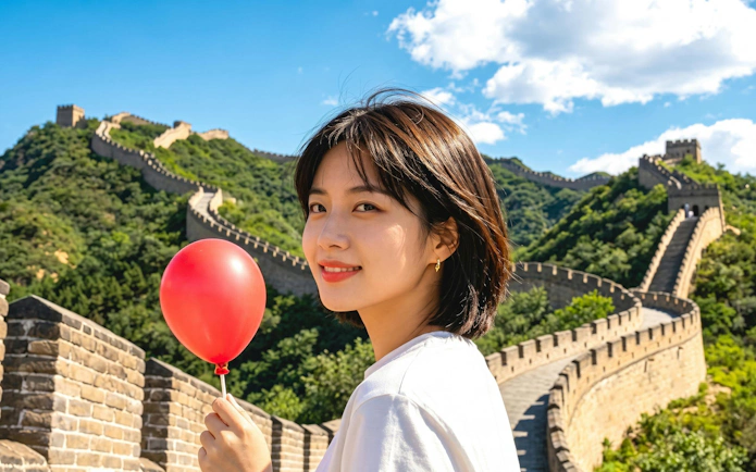 Person holding a red balloon at Badaling section of the Great Wall, Beijing.