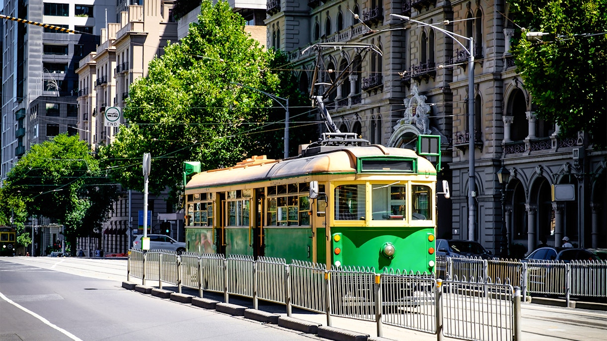 Melbourne tram passing historic buildings near Skydeck.