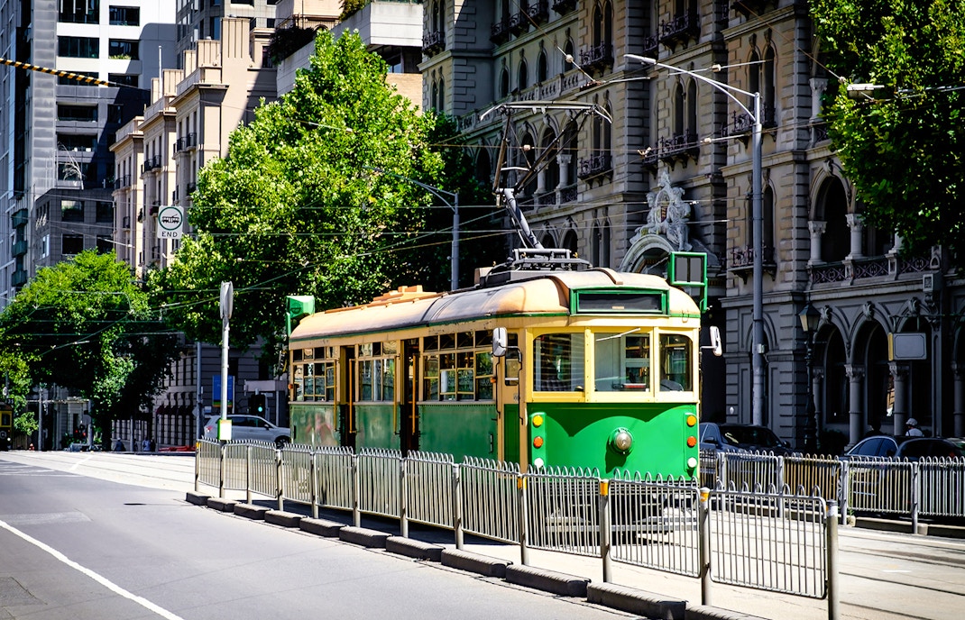 Melbourne tram passing historic buildings near Skydeck.