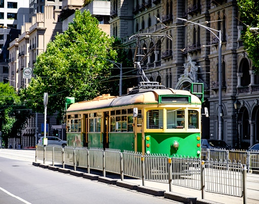 Melbourne tram passing historic buildings near Skydeck.