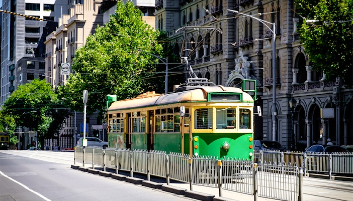 Melbourne tram passing historic buildings near Skydeck.