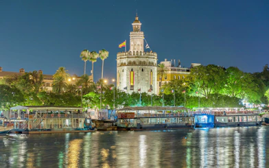 Torre del Oro watchtower by Guadalquivir River at night, Seville, Spain.