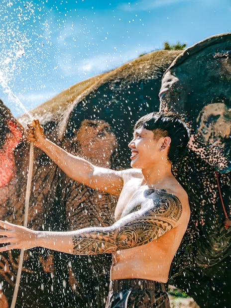 Man bathing elephant at Phuket Elephant Care, Thailand.