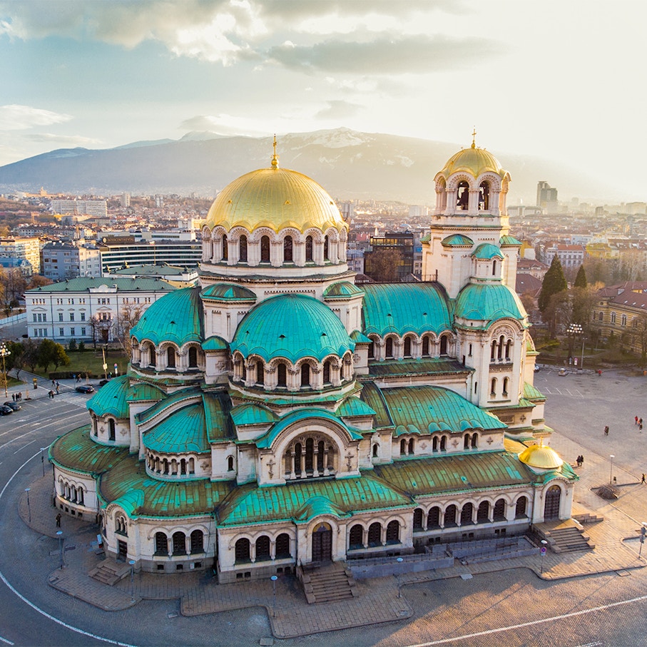 Aerial view of Alexander Nevsky Cathedral in Sofia, Bulgaria at sunset.