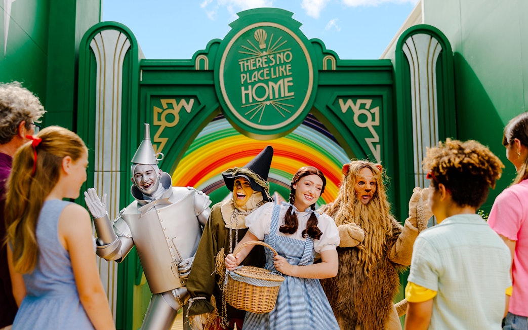 Characters from Wizard of Oz greet visitors at Warner Bros Movie World, Gold Coast.