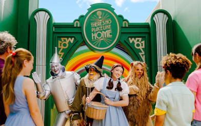 Characters from Wizard of Oz greet visitors at Warner Bros Movie World, Gold Coast.