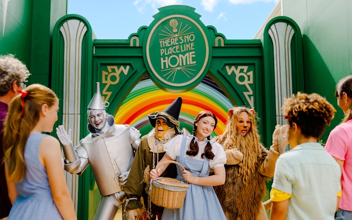 Characters from Wizard of Oz greet visitors at Warner Bros Movie World, Gold Coast.
