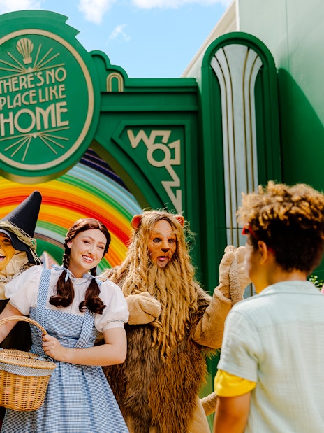 Characters from Wizard of Oz greet visitors at Warner Bros Movie World, Gold Coast.