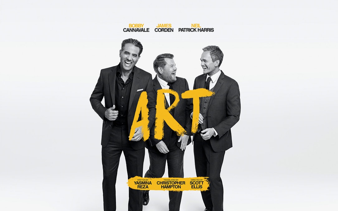 Broadway show poster for "Art" featuring three men in suits laughing.