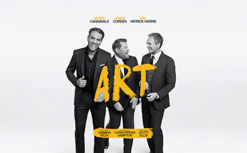 Broadway show poster for "Art" featuring three men in suits laughing.