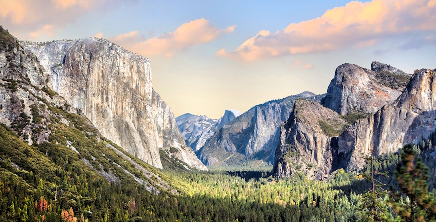 Yosemite Valley with El Capitan and Half Dome in the background.