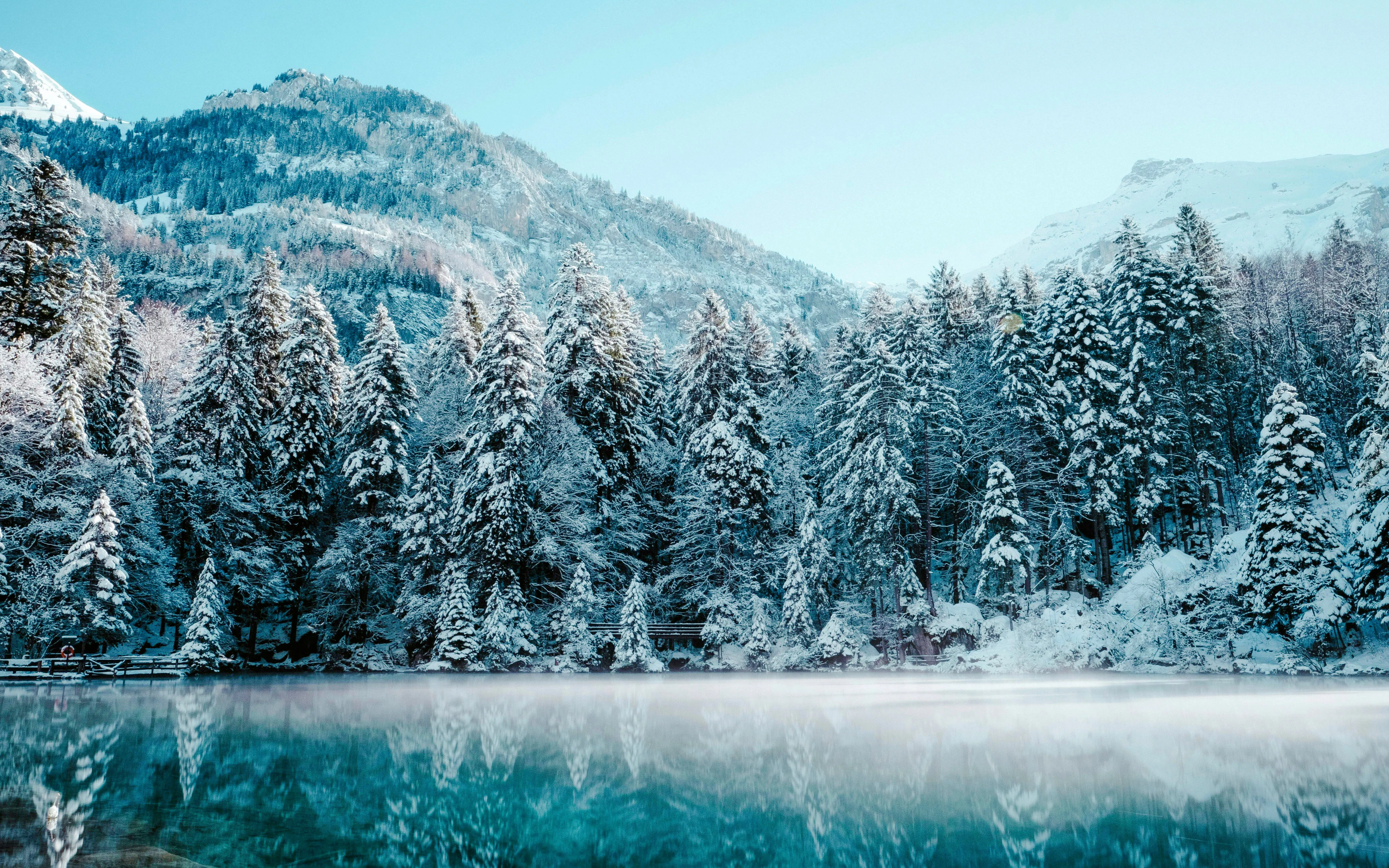 Snow-covered trees and mountains reflected in a serene lake near Chena Hot Springs.