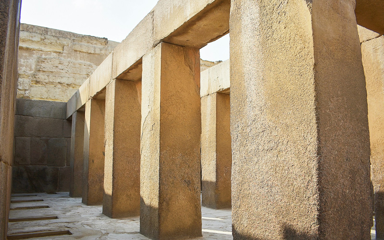 Massive stone pillars in the Valley Temple of Khafre, Giza, Egypt.