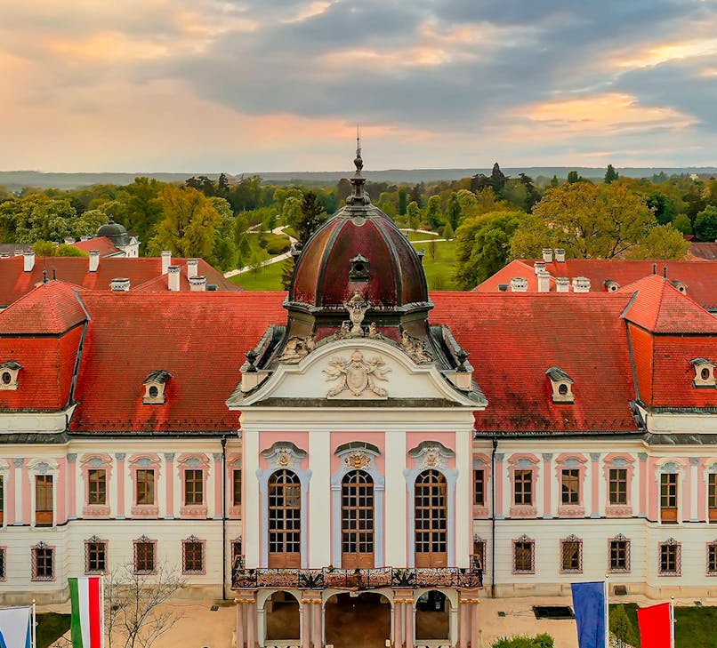 Godollo Palace exterior with gardens in Budapest, Hungary.