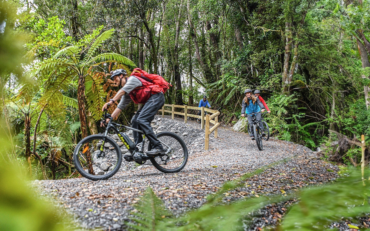Cyclists on a guided e-bike tour through Fox Glacier Valley forest trail.