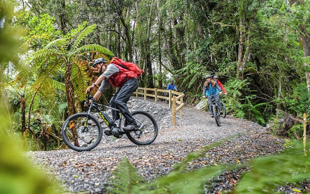 Cyclists on a guided e-bike tour through Fox Glacier Valley forest trail.
