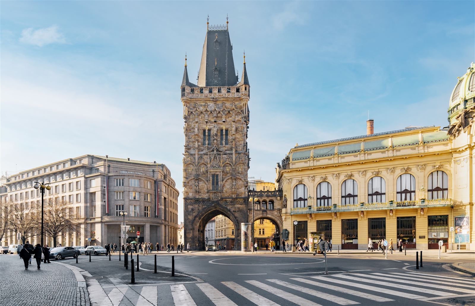 Powder Tower exterior view in Prague with surrounding architecture.