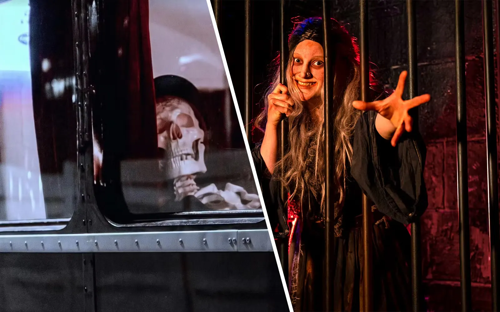 Skull inside London ghost bus and witch role play at London Dungeon.