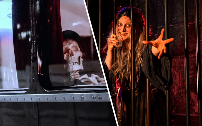 Skull inside London ghost bus and witch role play at London Dungeon.