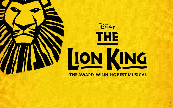 The Lion King musical poster with stylized lion face and title text.