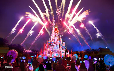 Fireworks over Hong Kong Disneyland castle at night with crowd watching.