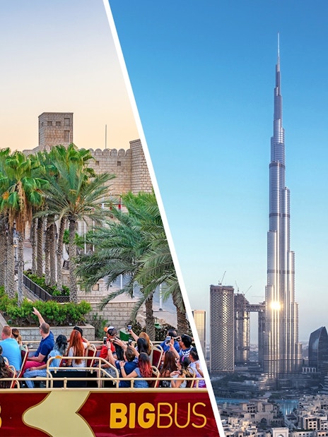 Open-top bus tour with views of Burj Khalifa and Burj Al Arab in Dubai.