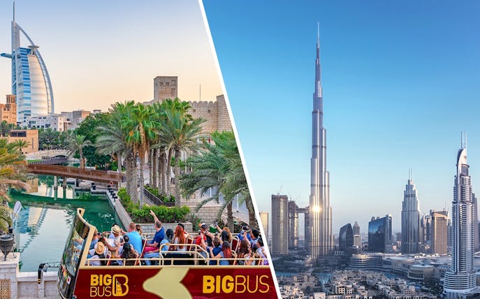 Open-top bus tour with views of Burj Khalifa and Burj Al Arab in Dubai.