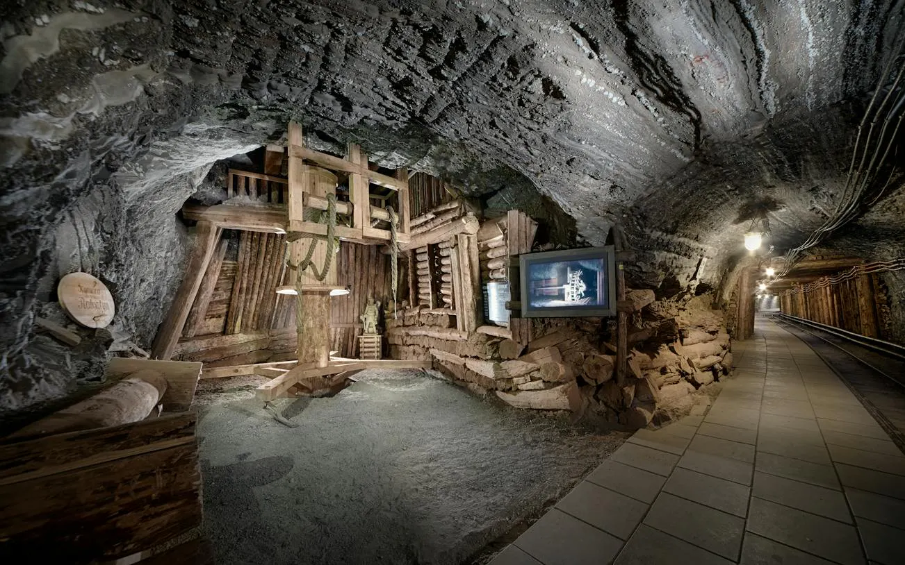 Bochnia Salt Mine underground chamber with wooden structures and pathway, Krakow tour.