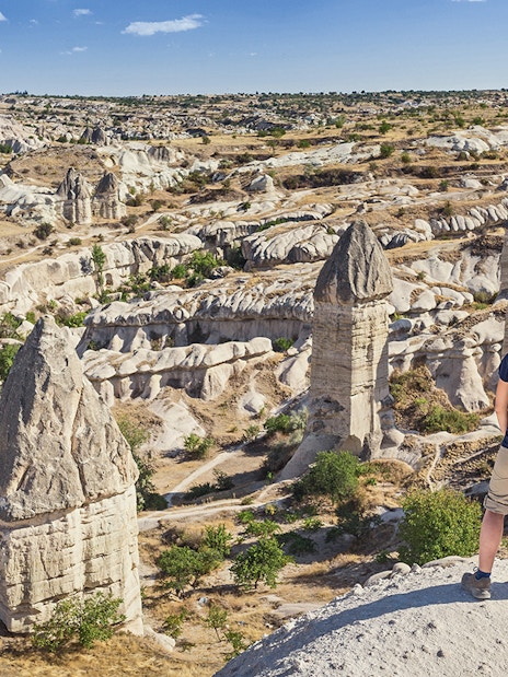 Guests viewing Cappadocia's fairy chimneys in Turkey.