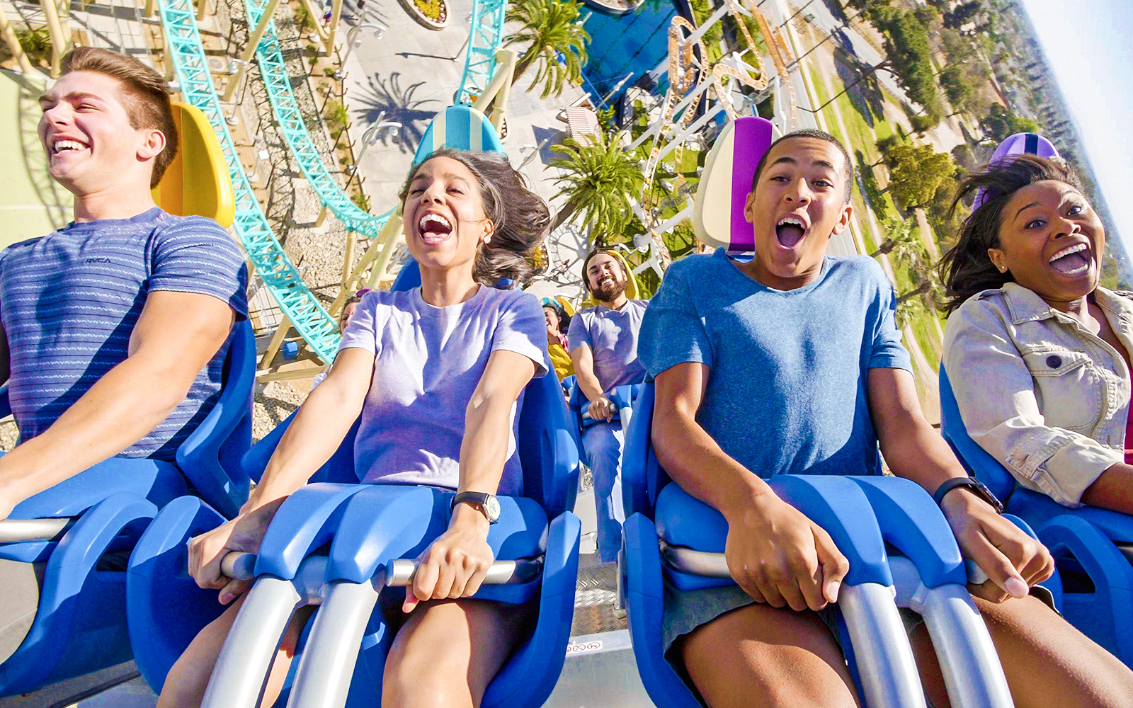 Riders experiencing HangTime rollercoaster at Knott's Berry Farm.