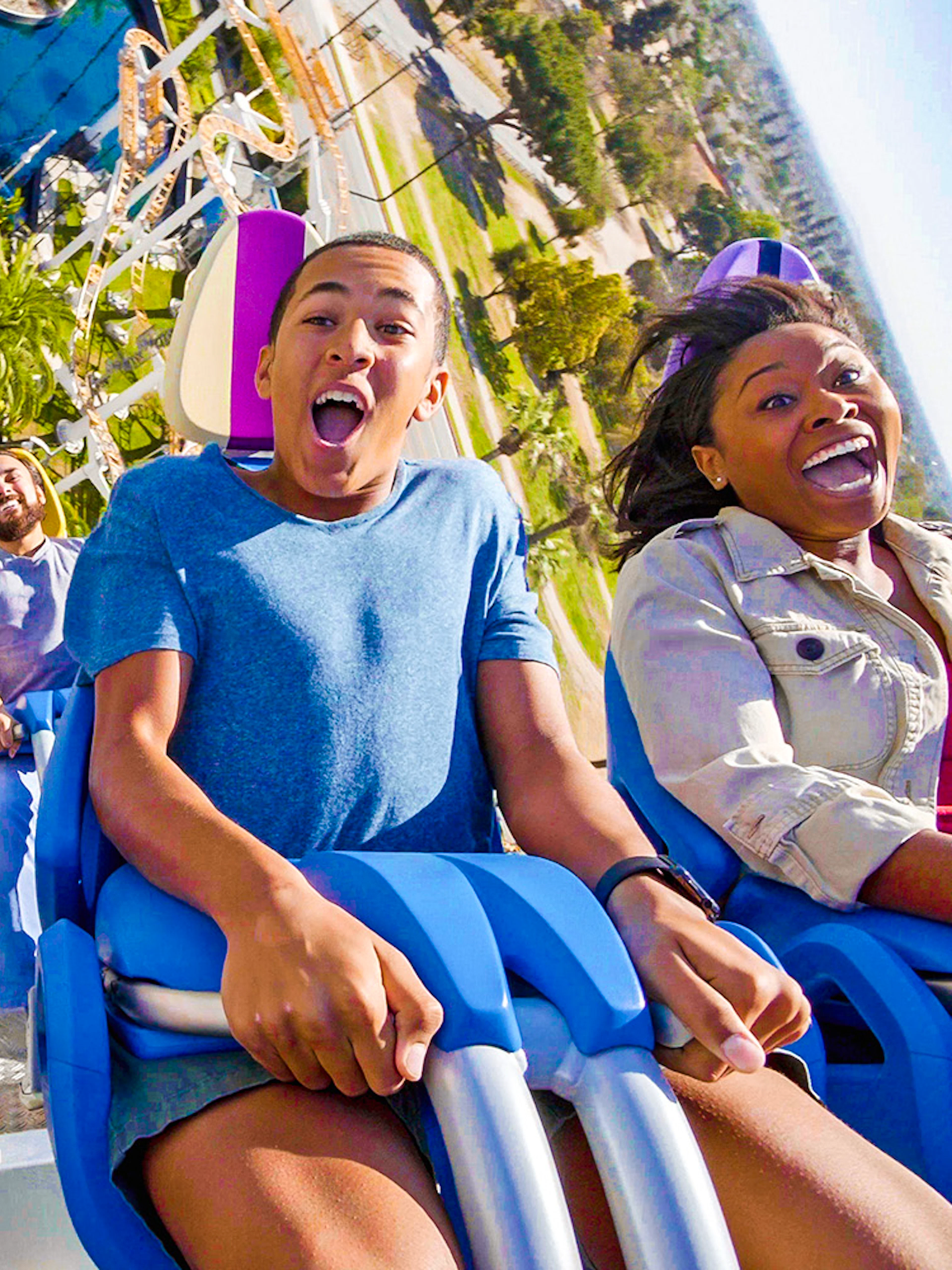 Riders experiencing HangTime rollercoaster at Knott's Berry Farm.