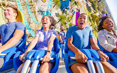 Riders experiencing HangTime rollercoaster at Knott's Berry Farm.