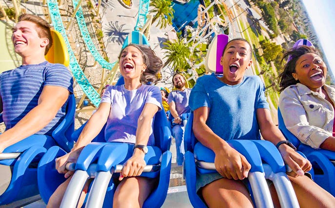 Riders experiencing HangTime rollercoaster at Knott's Berry Farm.