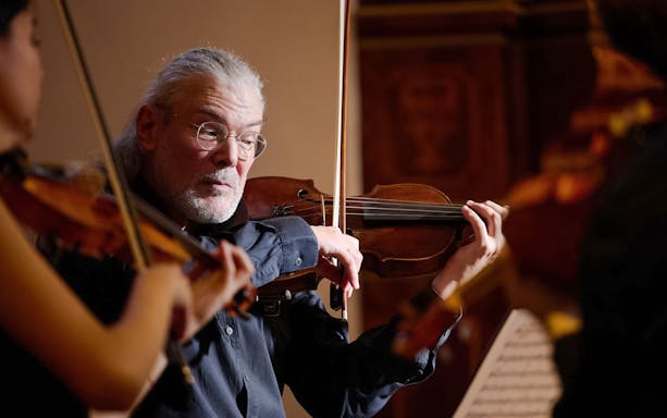 Violinist performing at Minoritenkirche classical concert in Vienna.