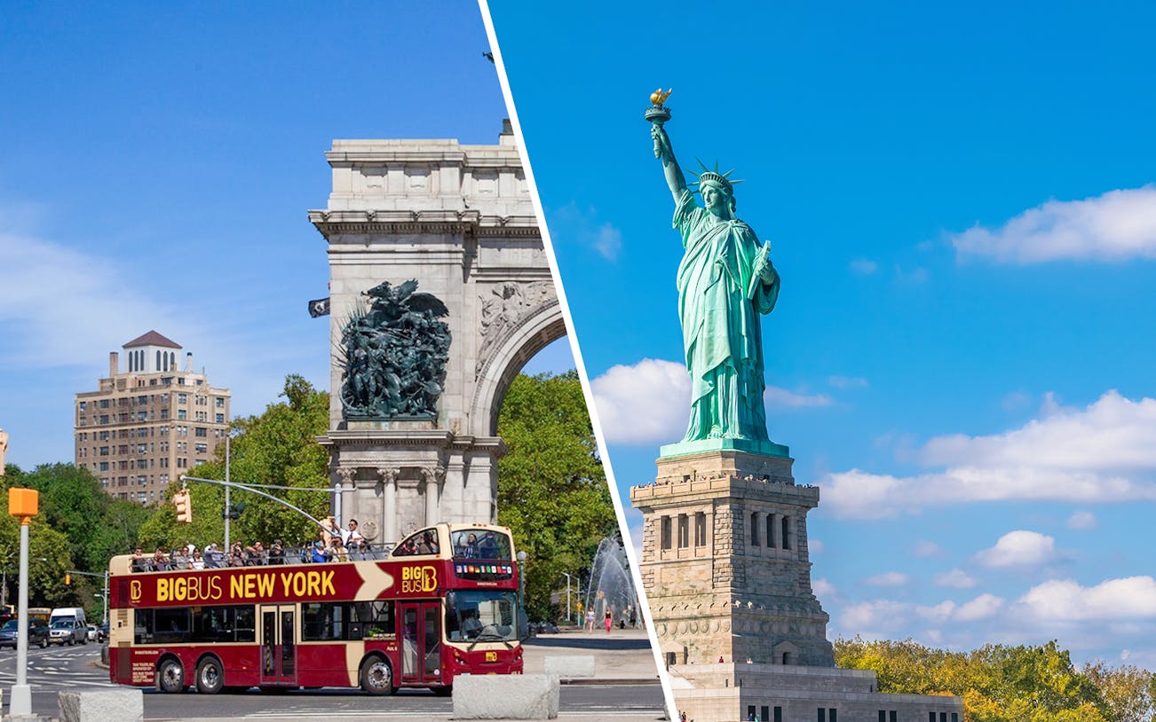 New York City tour bus near arch and Statue of Liberty on a sunny day.