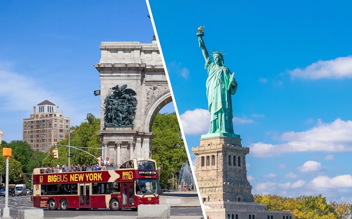New York City tour bus near arch and Statue of Liberty on a sunny day.