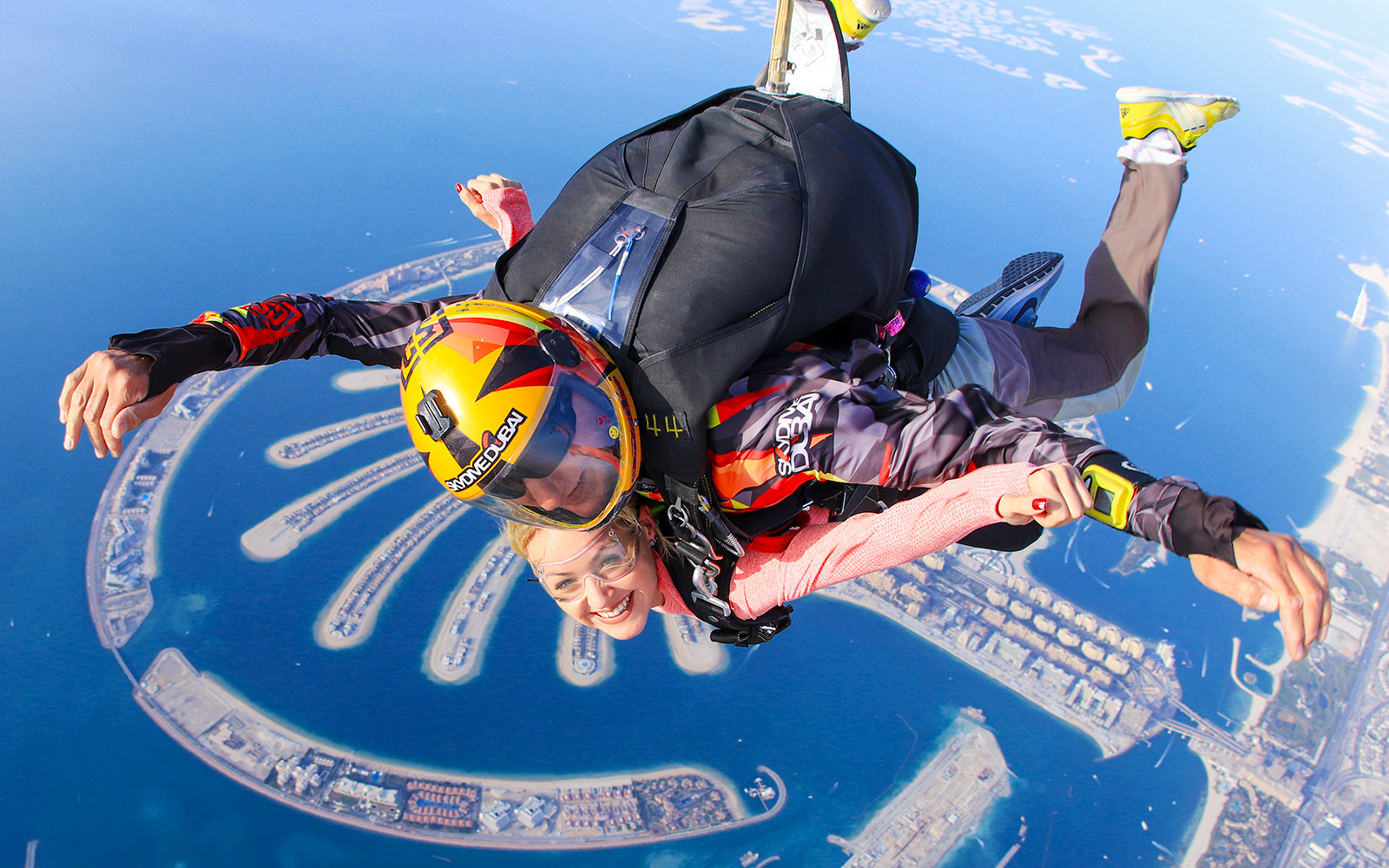 Skydivers over Palm Jumeirah, Dubai.