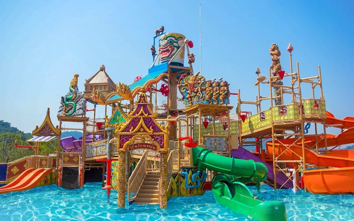 Colorful water slides and structures at Ramayana Water Park, Thailand.